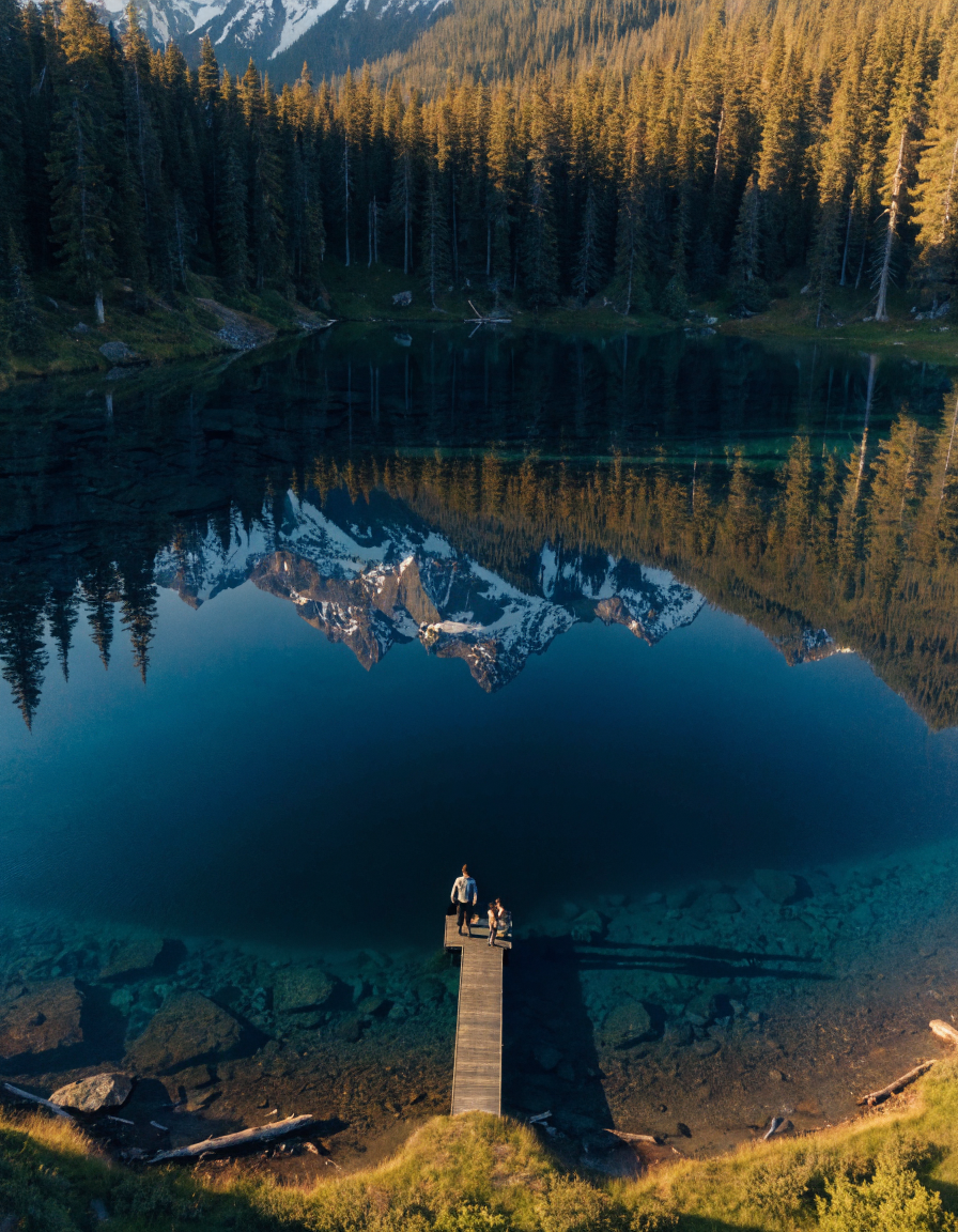 Family on a dock overlooking a mirror-still alpine lake in the Pacific Northwest